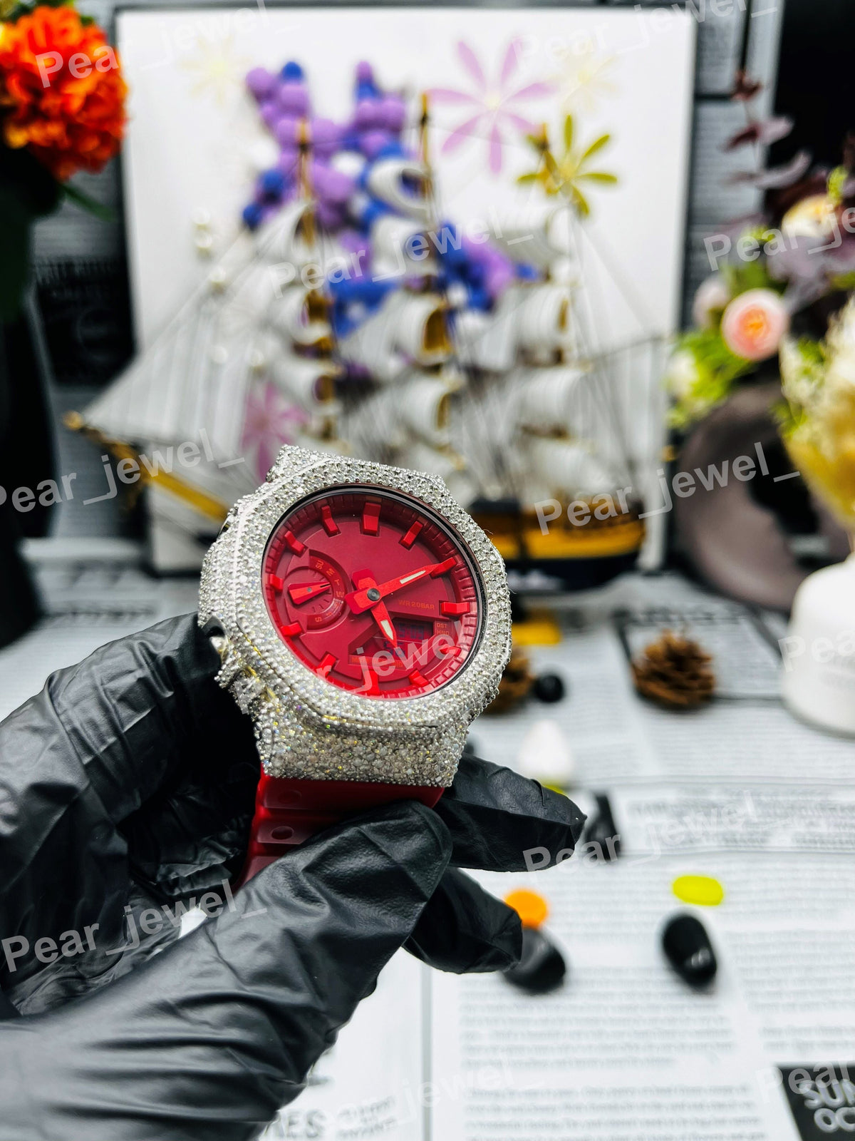 Iced Out Moissanite Diamond Red Round Case Dial Wrist Watch for Unisex Wear
