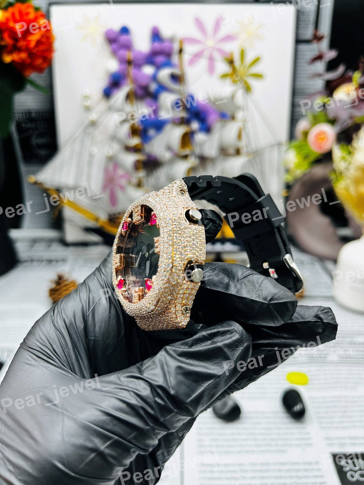 Iced Out Moissanite Diamond Black Case Dial Wrist Watch For Men Women Wear