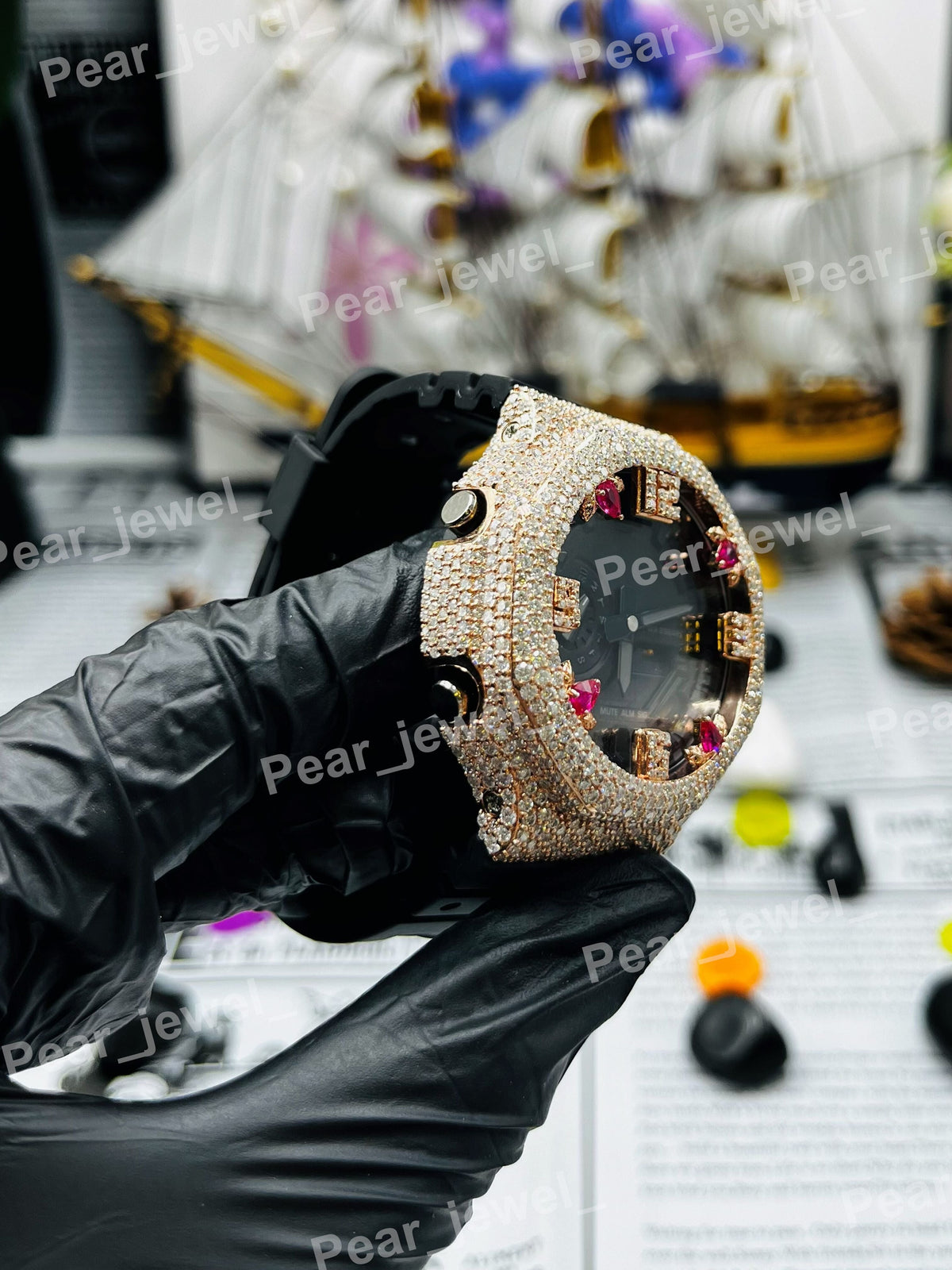 Iced Out Moissanite Diamond Black Case Dial Wrist Watch For Men Women Wear