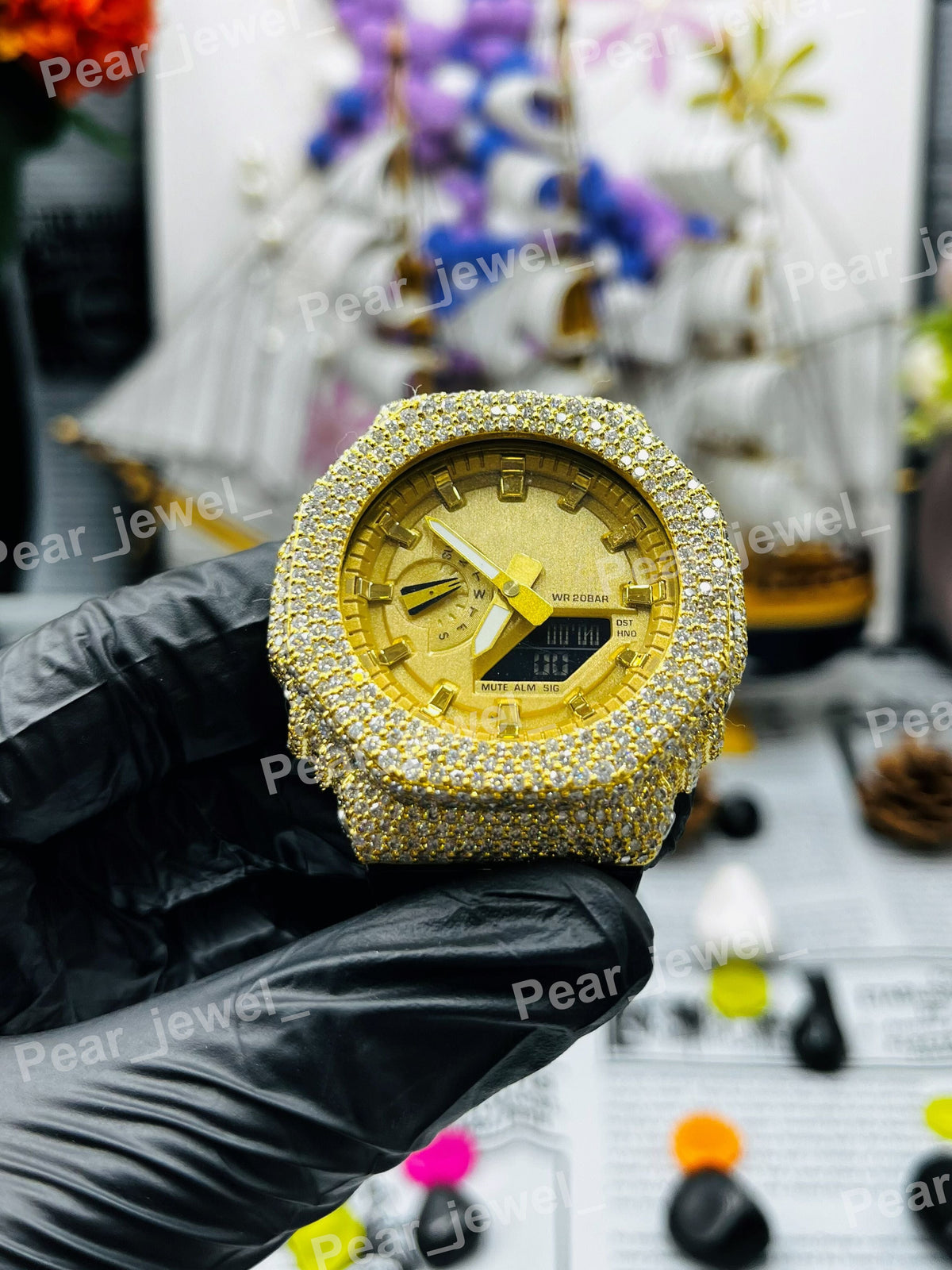 Round Case Dial Iced Out Moissanite Diamond Bust Down Watch Party Wear