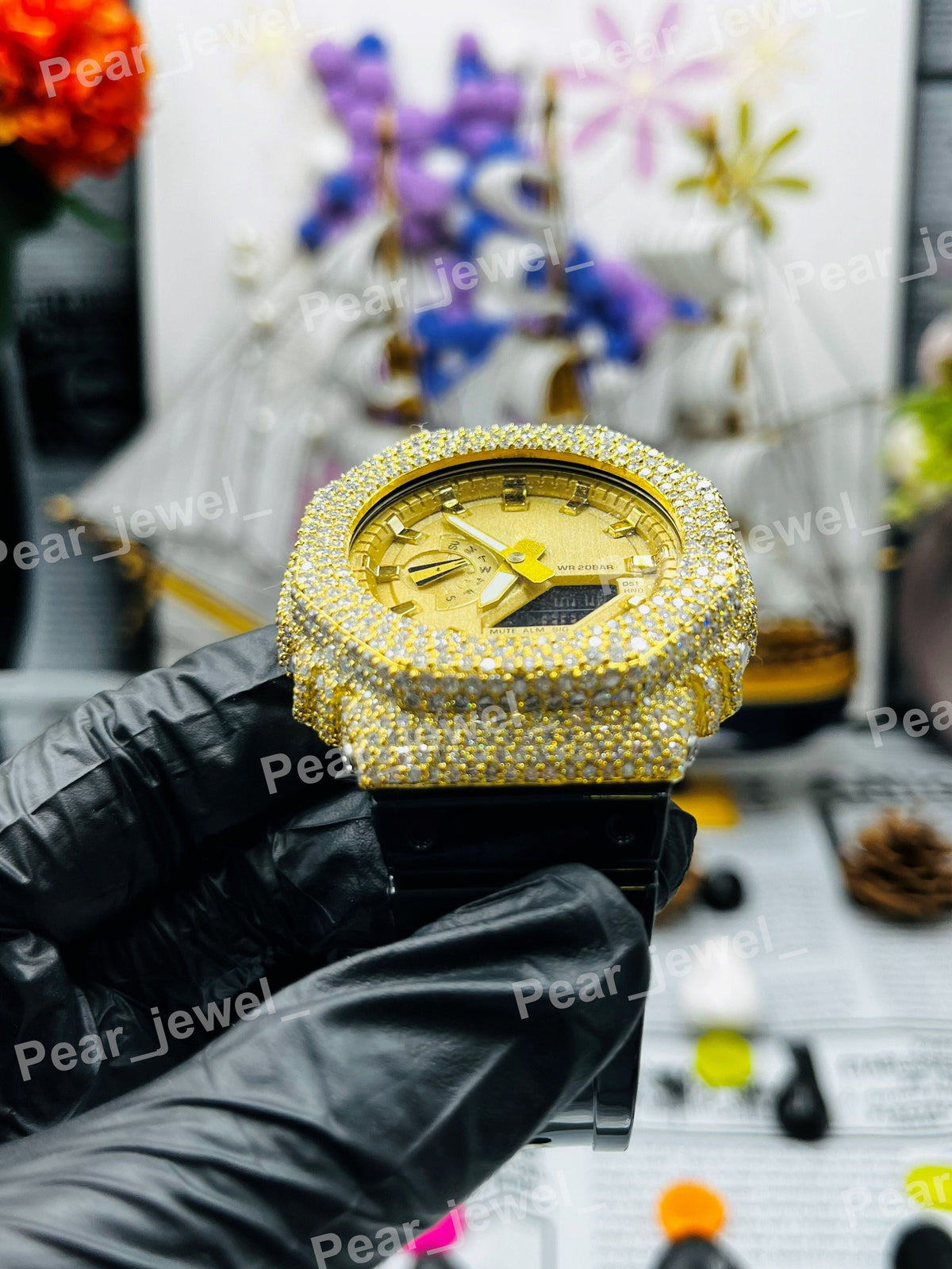 Round Case Dial Iced Out Moissanite Diamond Bust Down Watch Party Wear