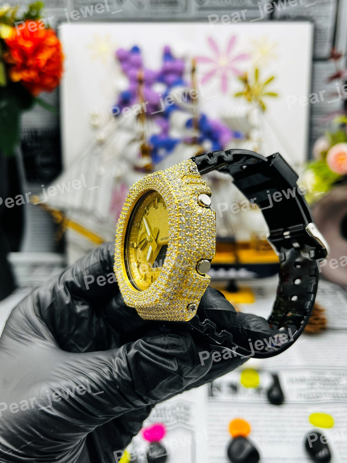 Round Case Dial Iced Out Moissanite Diamond Bust Down Watch Party Wear