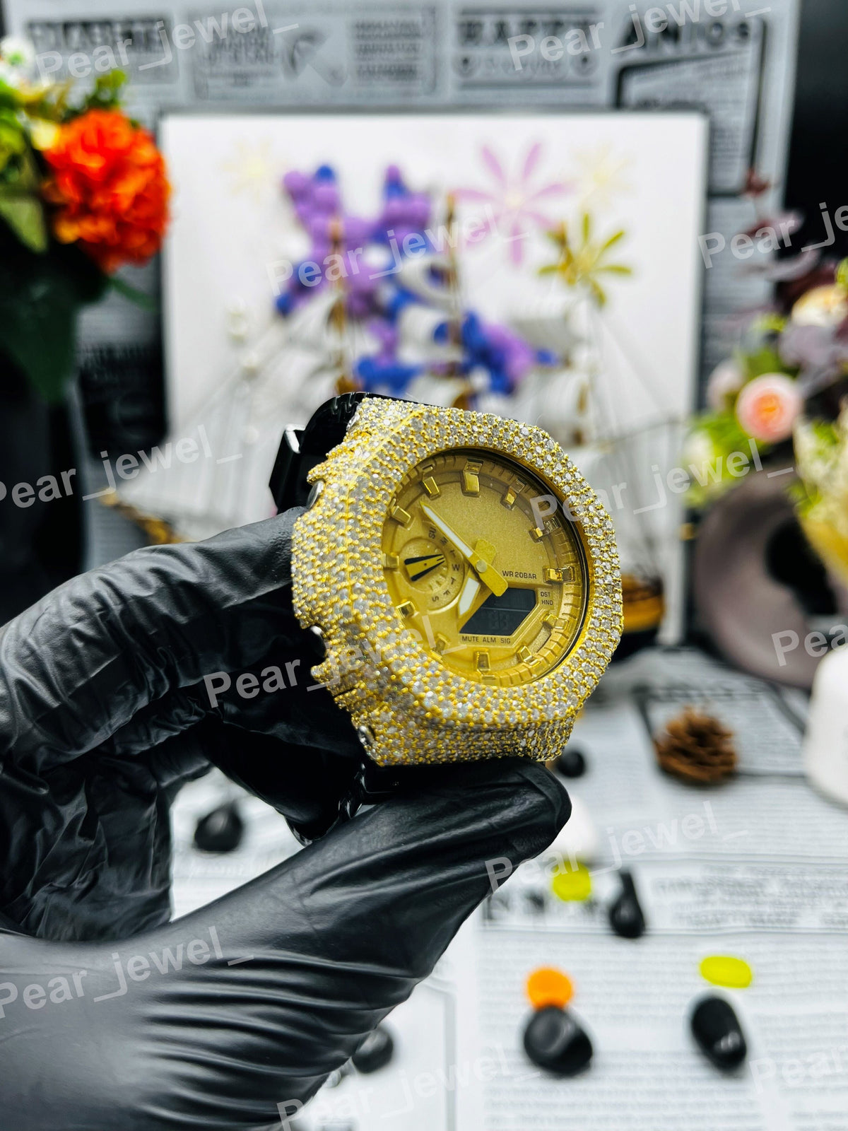 Round Case Dial Iced Out Moissanite Diamond Bust Down Watch Party Wear