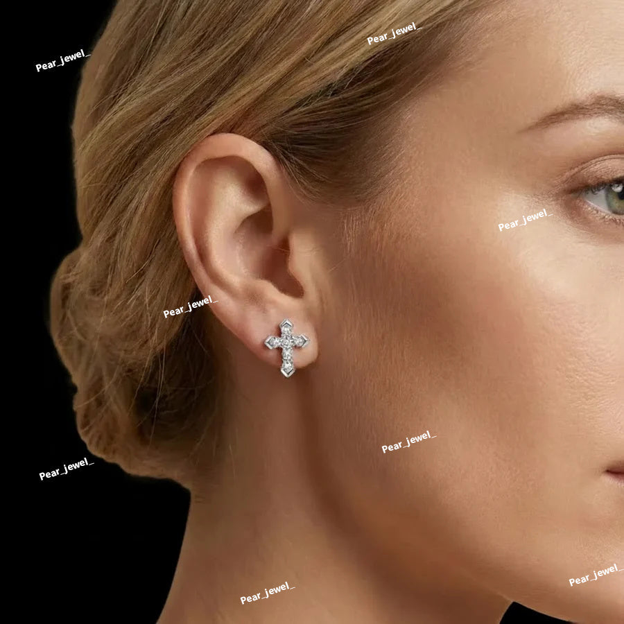 Iced Out Cross Stud Earring VVS Moissanite Diamond Look Silver Jewelry Elegant Shine
