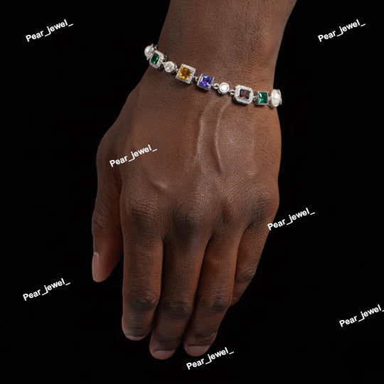 925 Silver Multicolor Moissanite Diamond Link Bracelet