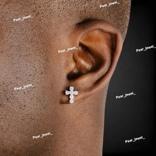 Iced Out 925 Sterling Silver Cross Earring Party Wear