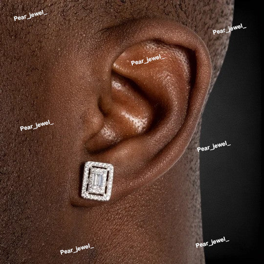 Iced Out 925 Silver With Moissanite Diamond Emerald Cut Diamond Earring