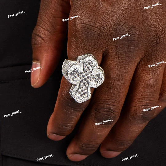 Iced Out VVS Moissanite Diamond Ring 925 Sterling Silver Cross Ring