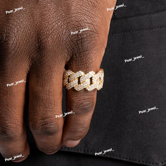 Iced Out 925 Silver Luxury Cuban Ring With Moissanite Diamond Ring