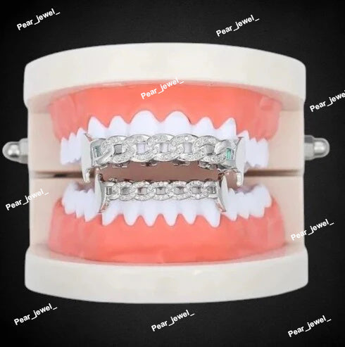 Silver Cuban Chain Design VVS Moissanite Diamond Grillz