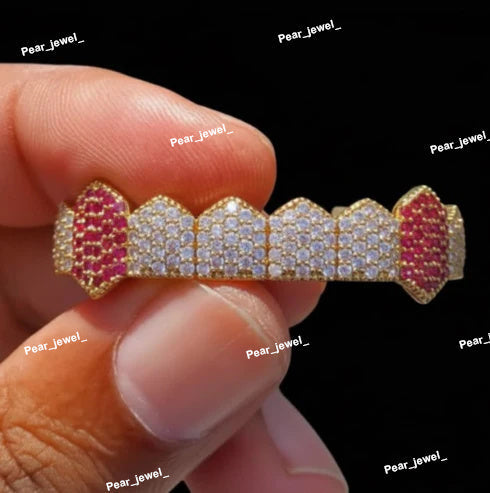 925 Sterling Silver VVS Red Moissanite Diamond Grillz