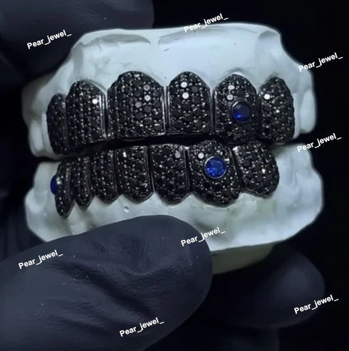 925 Sterling Silver VVS Black Round Cut Moissanite Diamond Grillz