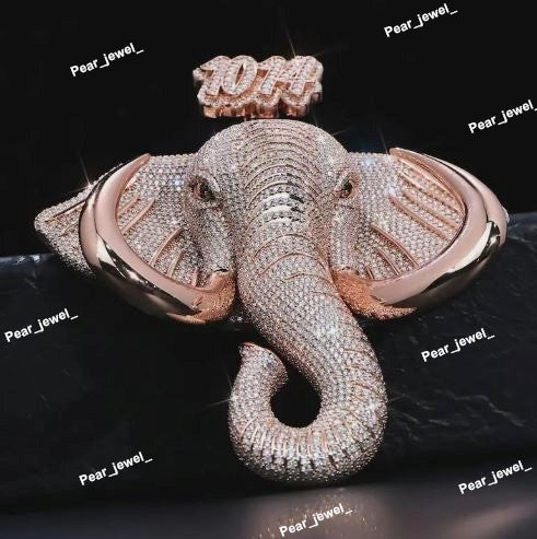 Custom Silver Iced Out Elephant Face Pendant With Moissanite Diamond