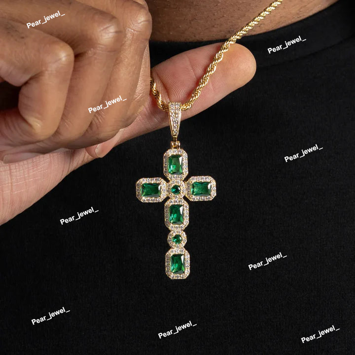 VVS Emerald Moissanite Diamonds 925 Silver Cross Design Pendant