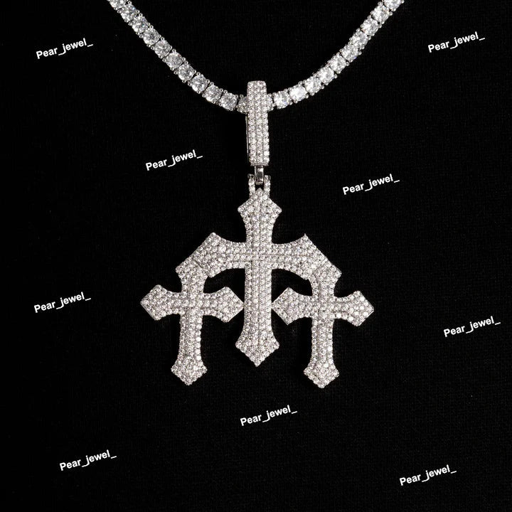 925 Sterling Silver VVS Moissanite Diamonds Triple Cross Pendant