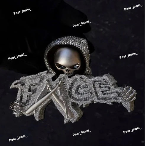 Skeleton Face with Ghost Axe 925 Silver VVS Moissanite Diamonds Pendant