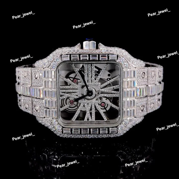 Iced Out Bust Down Stainless Steel Baguette Moissanite Diamond Cartier Watch