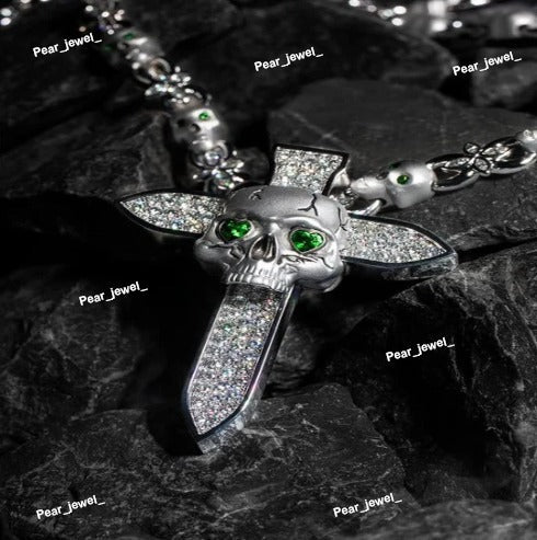 VVS Moissanite Skeleton Cross With Green Eyes 925 Silver Pendant