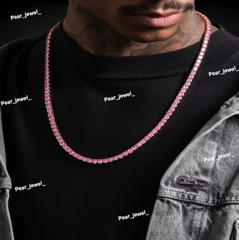 Iced Out VVS Pink Round Tennis Chain With 925 Silver