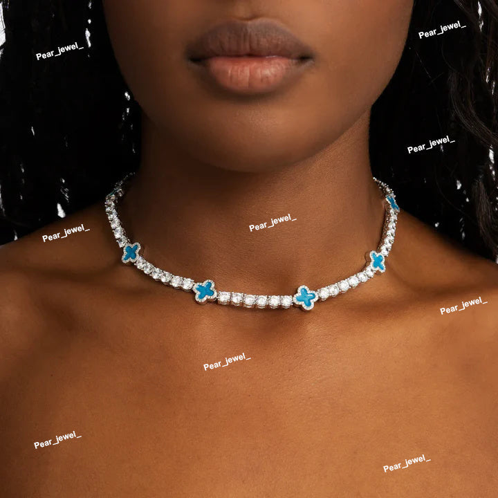 Blue Clover 925 Silver Tennis Chain VVS Moissanite Diamond
