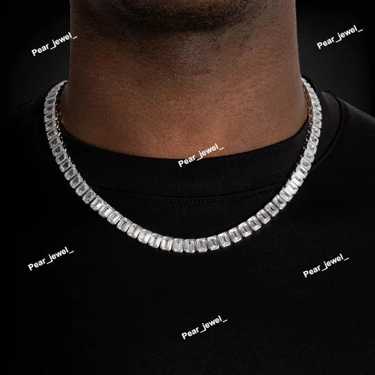 Emerald Cut Sterling Silver Moissanite Diamond Tennis Necklace