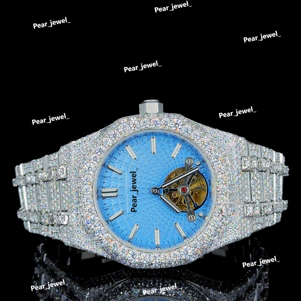 Iced Out Blue Skeleton Dial Moissanite Diamond Stainless Steel Watch