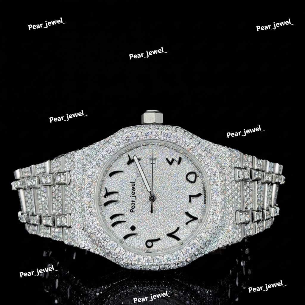 Iced Out Arabic Dial VVS Moissanite Diamond Watch In Stainless Steel