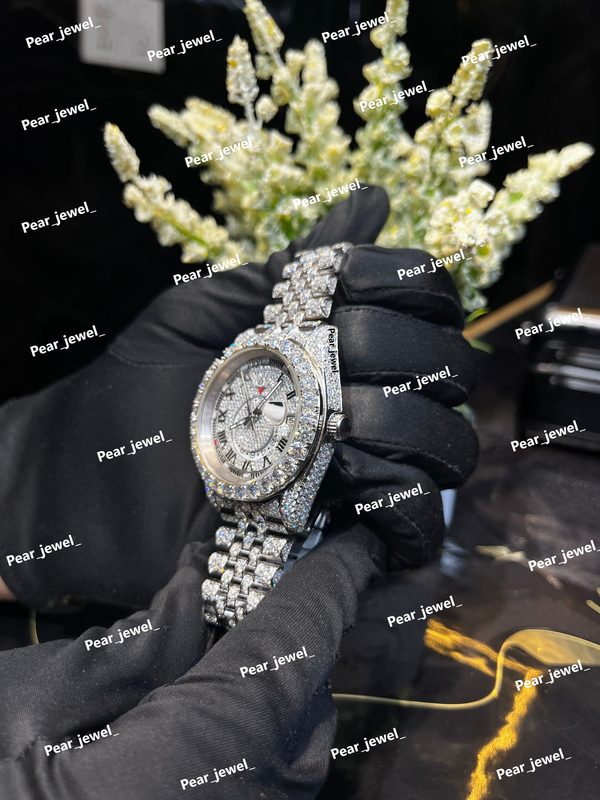Iced Out Moissanite Diamond Watch Stainless Steel Roman Dial Wrist Watch