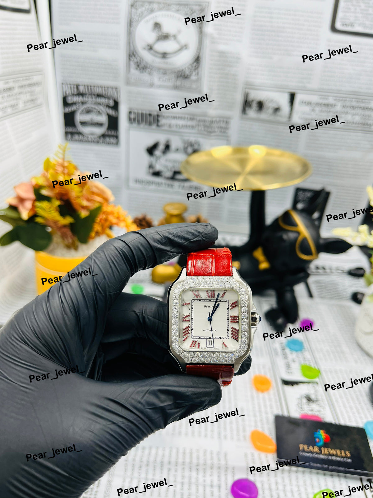 Iced Out Automatic Stainless Steel Watch Red Leather Band