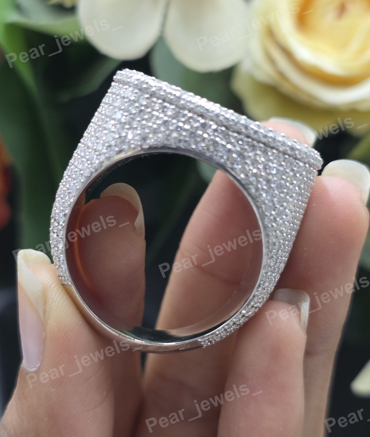 Iced Out Custom Letter Square VVS Moissanite Diamond 925 Sterling Silver Hip Hop Statement  Ring