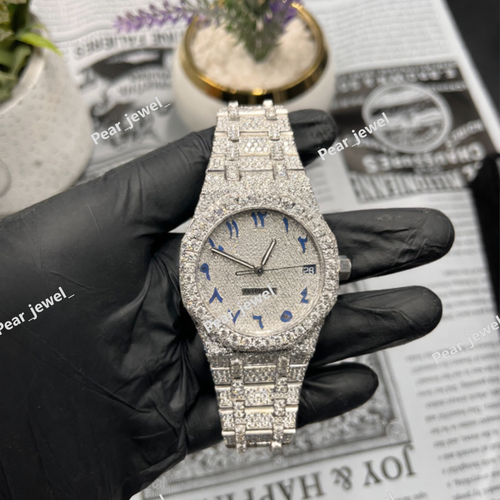 Stainless Steel Bust Down VVS Moissanite Blue Arabic Dial Watch