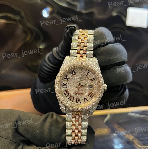 Iced Out Stainless Steel  Watch Moissanite Dimaond Roman Dial Luxury Wrist Watch