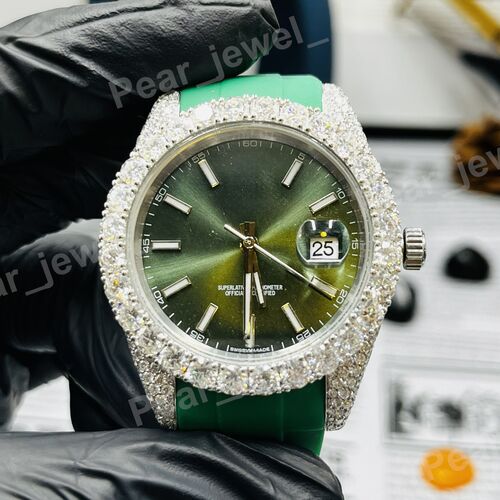 Moissanite Diamond Green Case Dial Iced Out Hip Hop Luxury Wrist Watch