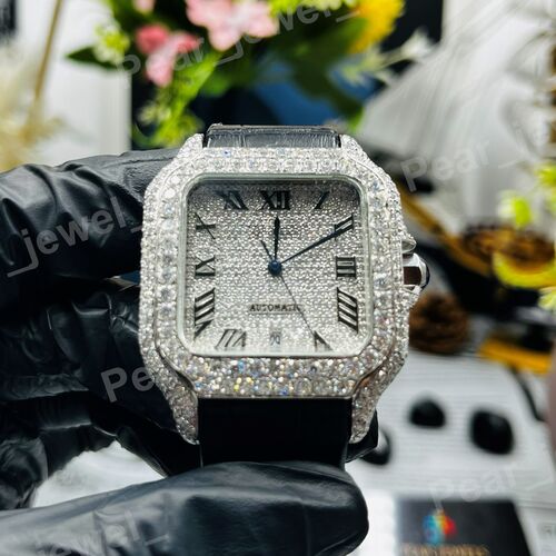 Iced Out Round Cut Moissanite Diamond Roman Case Dial Bust Down Watch