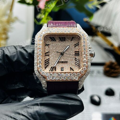 Iced Out Round Cut Moissanite Diamond Roman Numeral Case Dial Watch