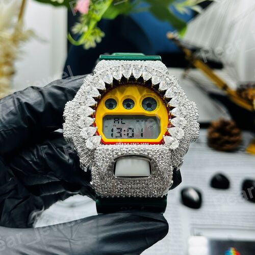Iced Out Yellow Case Dial Moissanite Diamond Bust Down Hip Hop Watch For Party Wear