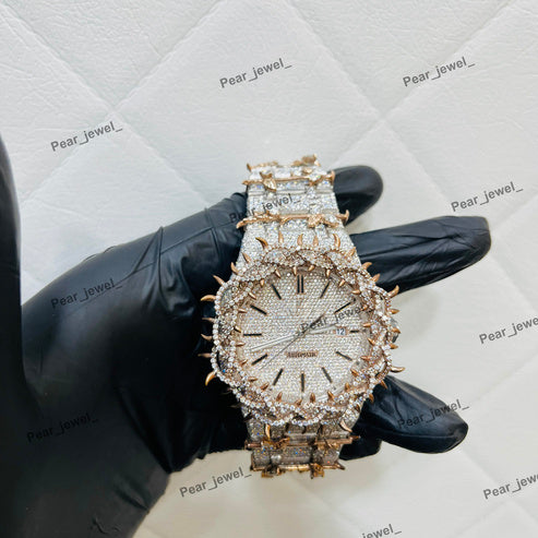 Iced Out Moissanite Diamond Spiked Bezel Hip Hop Watch in Stainless Steel