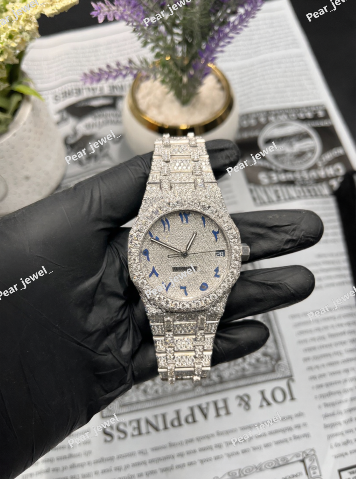 Stainless Steel Bust Down VVS Moissanite Blue Arabic Dial Watch