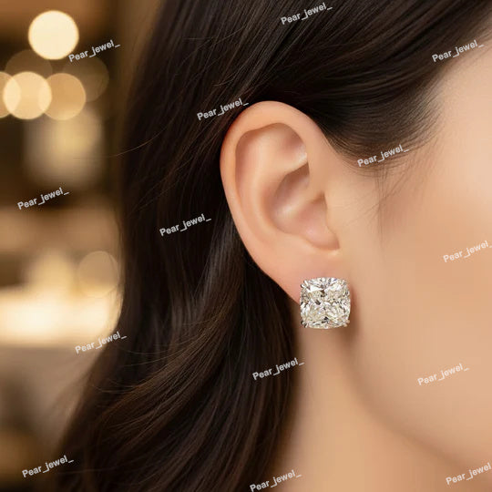 Iced Out Cushion Cut Moissanite Diamond Stud Earring 925 Silver Classic Luxury Shine