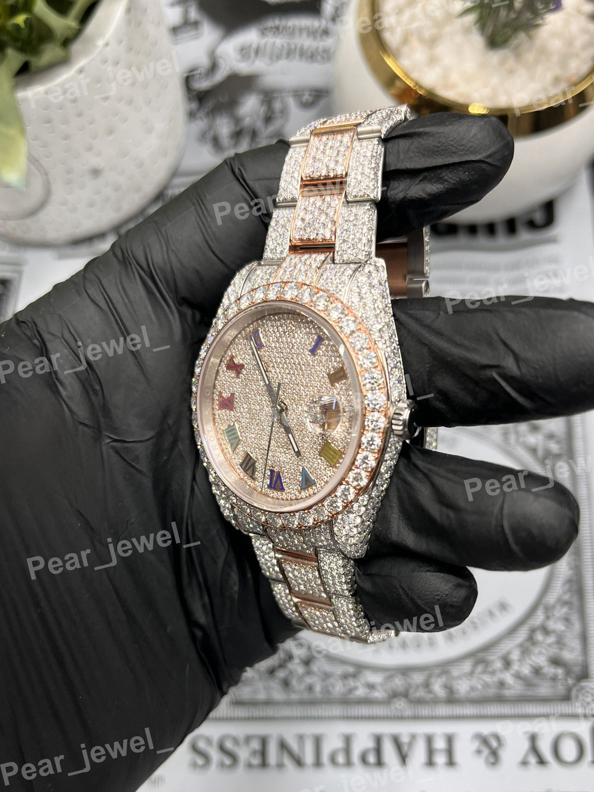 VVS Moissanite Diamond Iced Out Stainless Steel Roman Dial Bust Down Watch