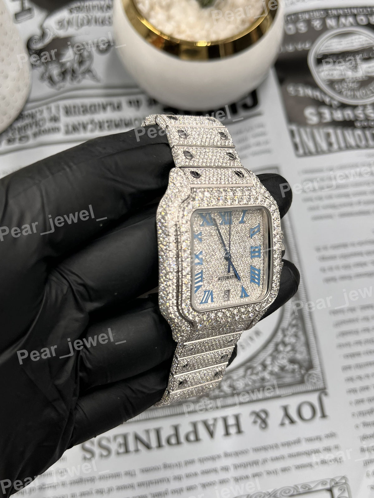 Stainless Steel Iced Out Roman Dial VVS Moissanite Diamond Wrist Watch