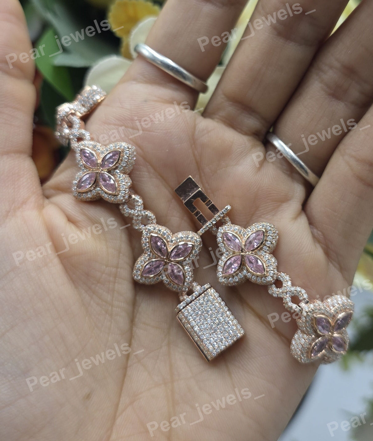 Iced Out Infinity And Floral Design 925 Sterling Silver VVS Moissanite Unisex Wear Bracelet