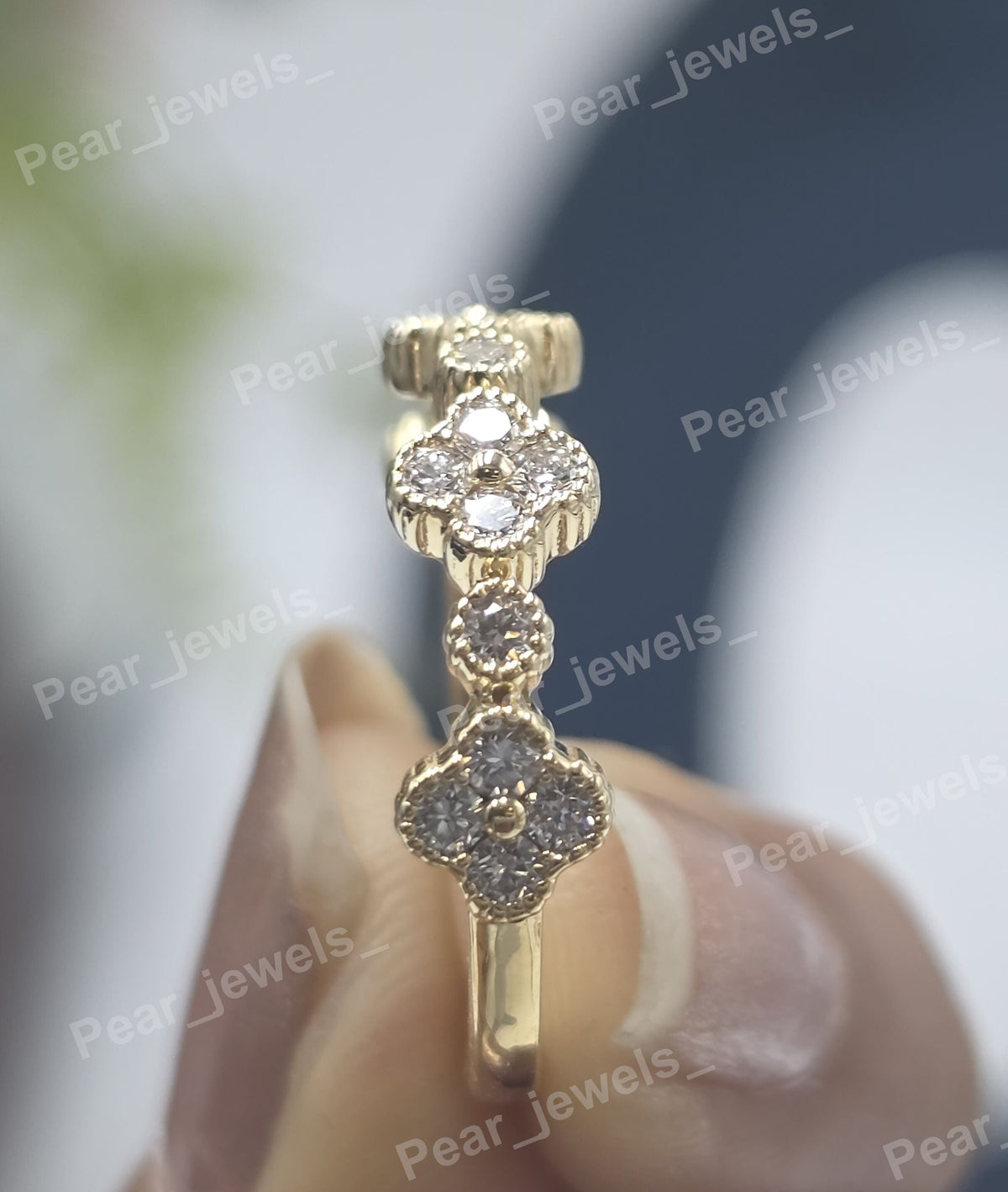 925 Silver Clover Half Eternity VVS Moissanite Diamond Band For Women Wear