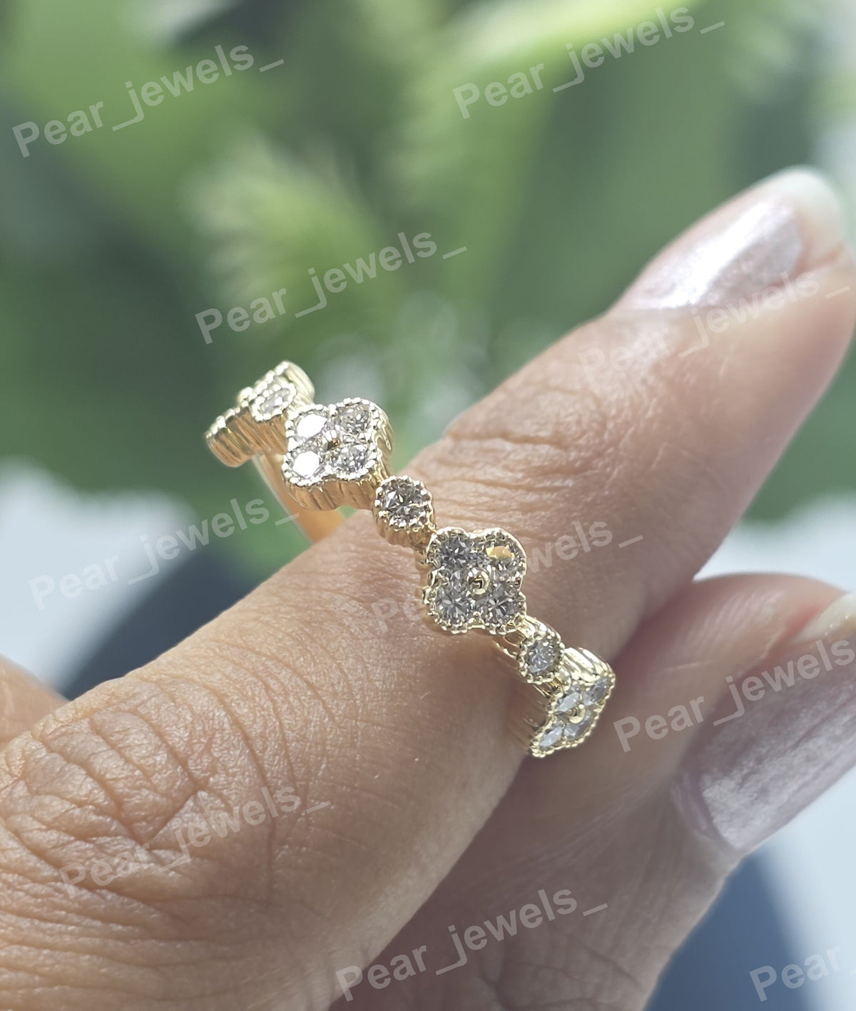 925 Silver Clover Half Eternity VVS Moissanite Diamond Band For Women Wear