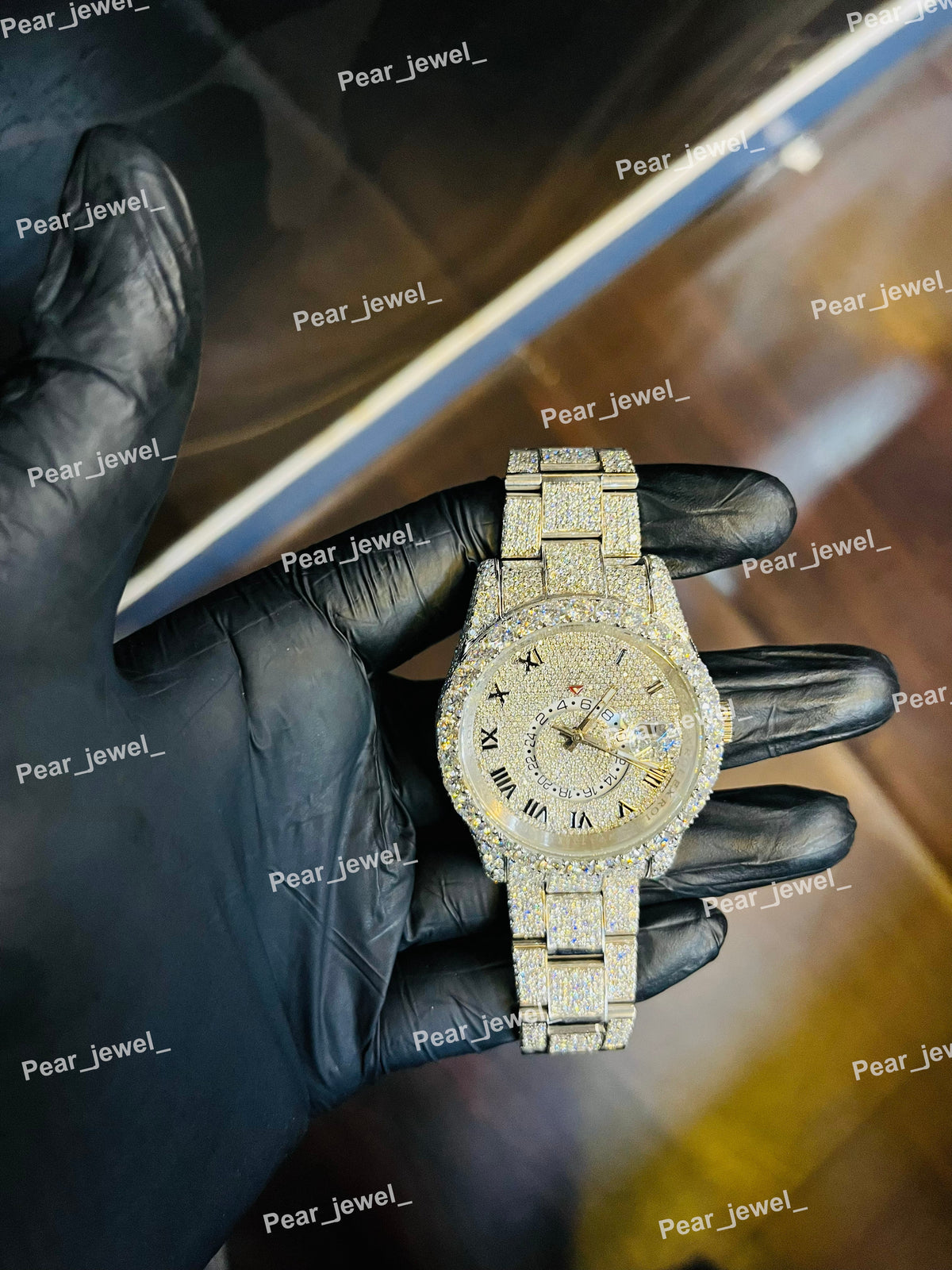 Iced Out Moissanite Diamond Roman Dial Stainless Steel Hip Hop Wrist Watch
