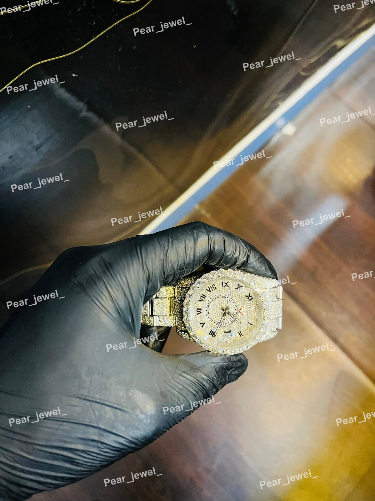 Iced Out Moissanite Diamond Roman Dial Stainless Steel Hip Hop Wrist Watch