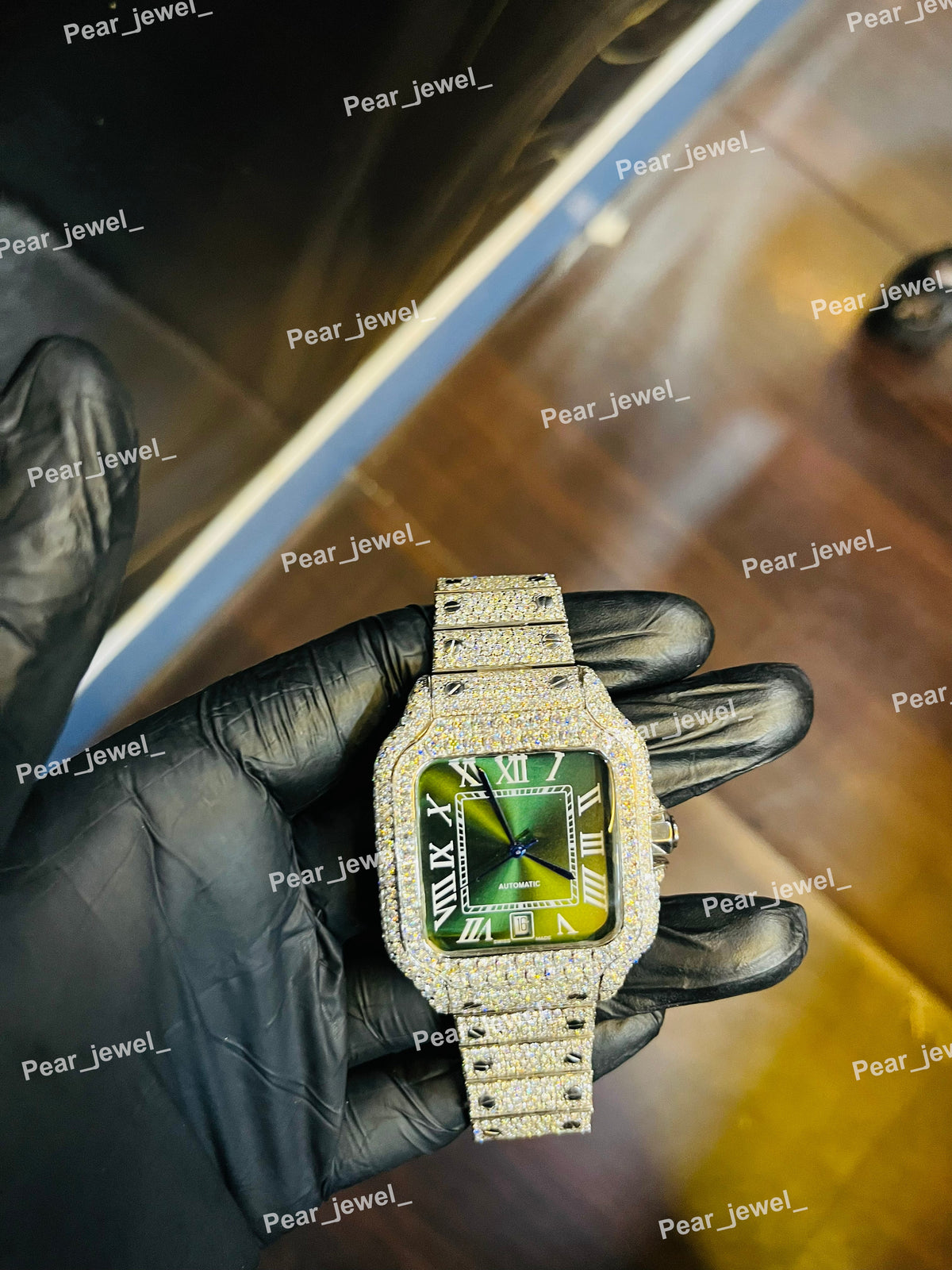 Iced Out Moissanite DIamond Stainless Steel Roman Dial Watch