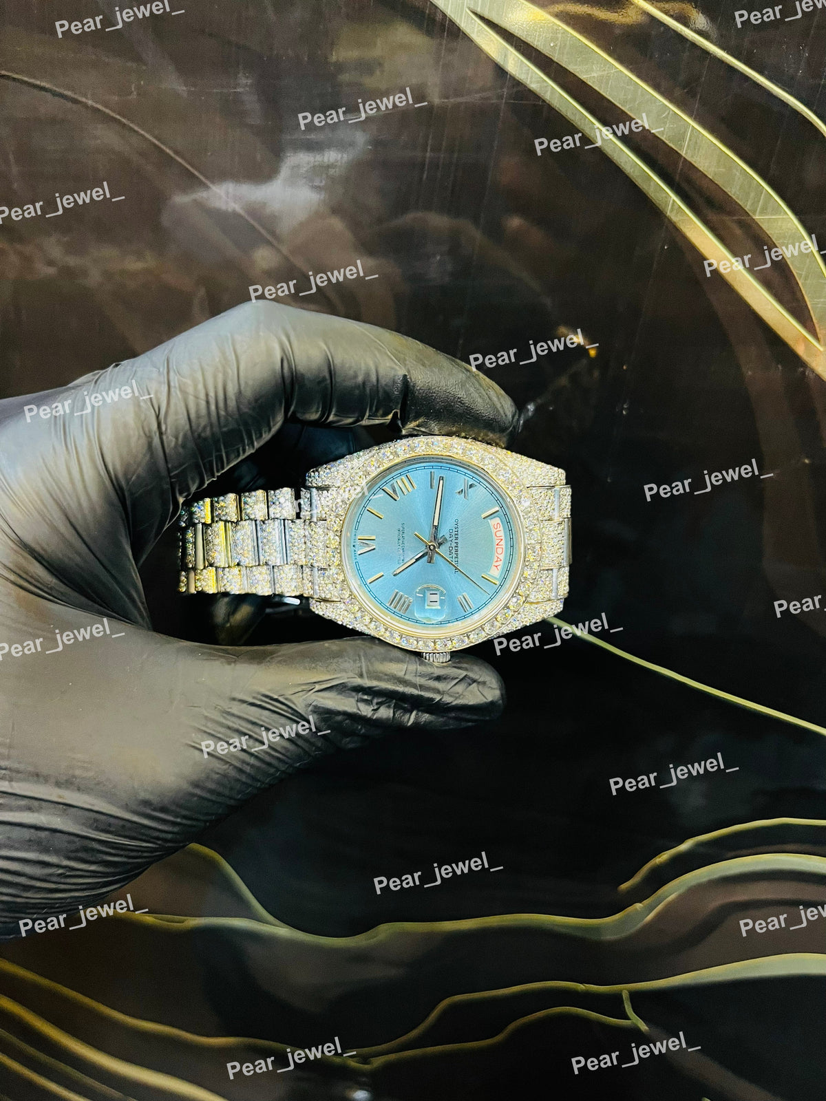 Iced Out Stainless Steel Day Date Roman Sky Blue Dial Watch