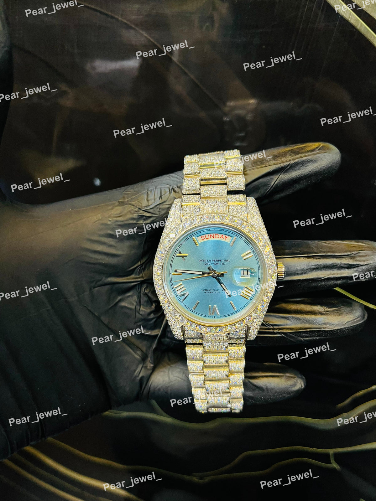 Iced Out Stainless Steel Day Date Roman Sky Blue Dial Watch