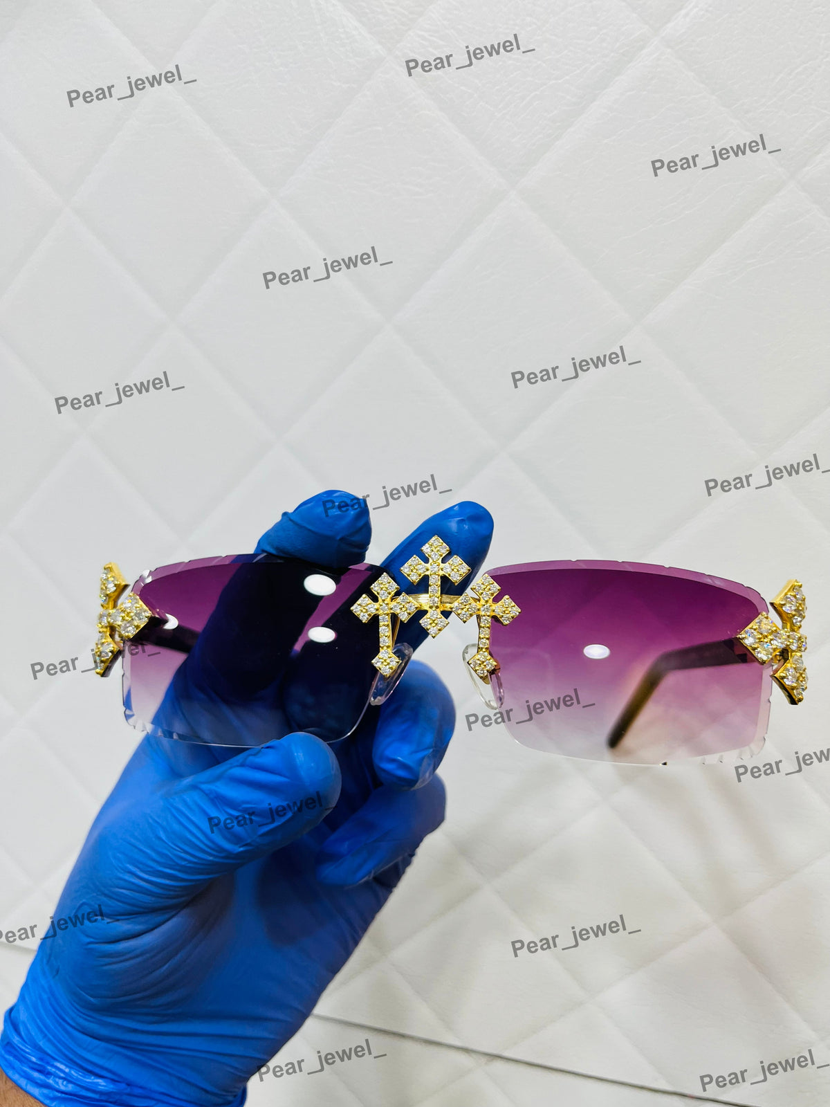 Iced Out VVS Moissanite Diamond Purple Rimless Silver Luxury Sunglasses